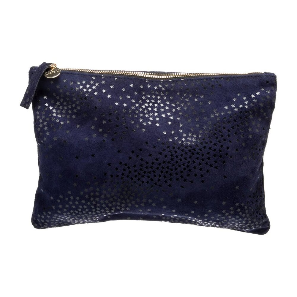 Clare V Flat Suede Leather Clutch Blue Black Star Print